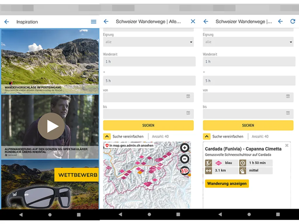 Nebeneinander stehen drei Screenshots aus der App 