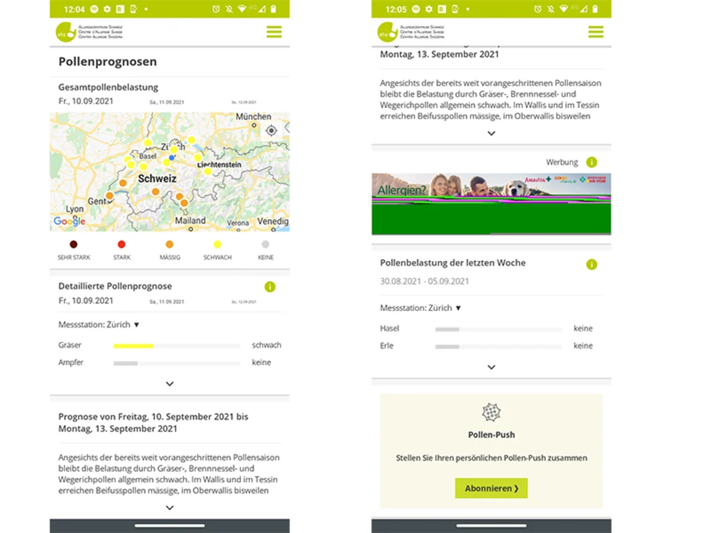 Nebeneinander stehen zwei Screenshots der Pollen-News-App