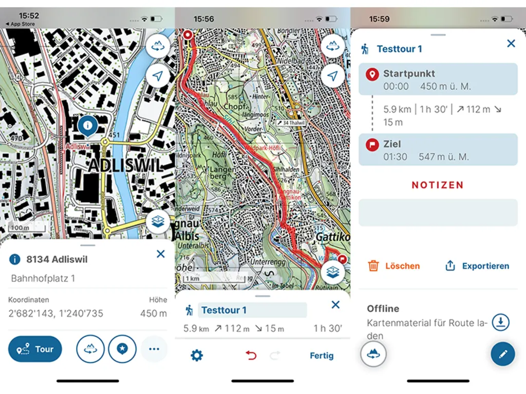 Nebeneinander stehen drei Screenshots aus der Swisstopo-App