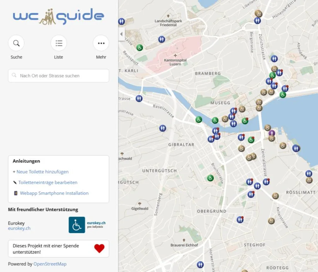 Nebeneinander stehen drei Screenshots aus der WC-Guide-App