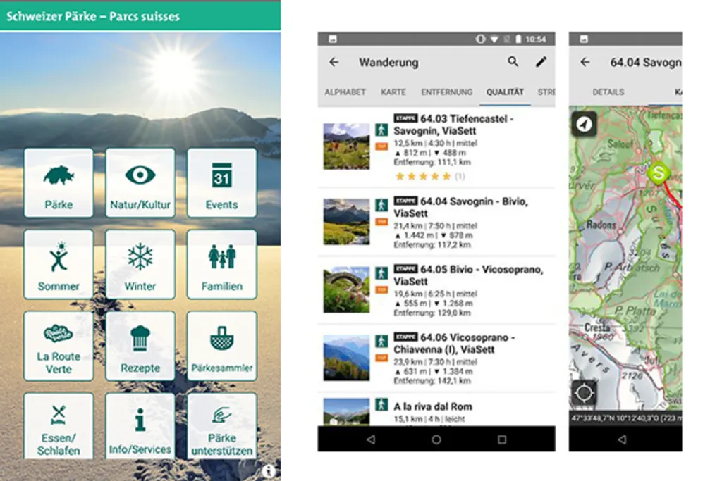Nebeneinander stehen zwei Screenshots der Schweizer Pärke-App
