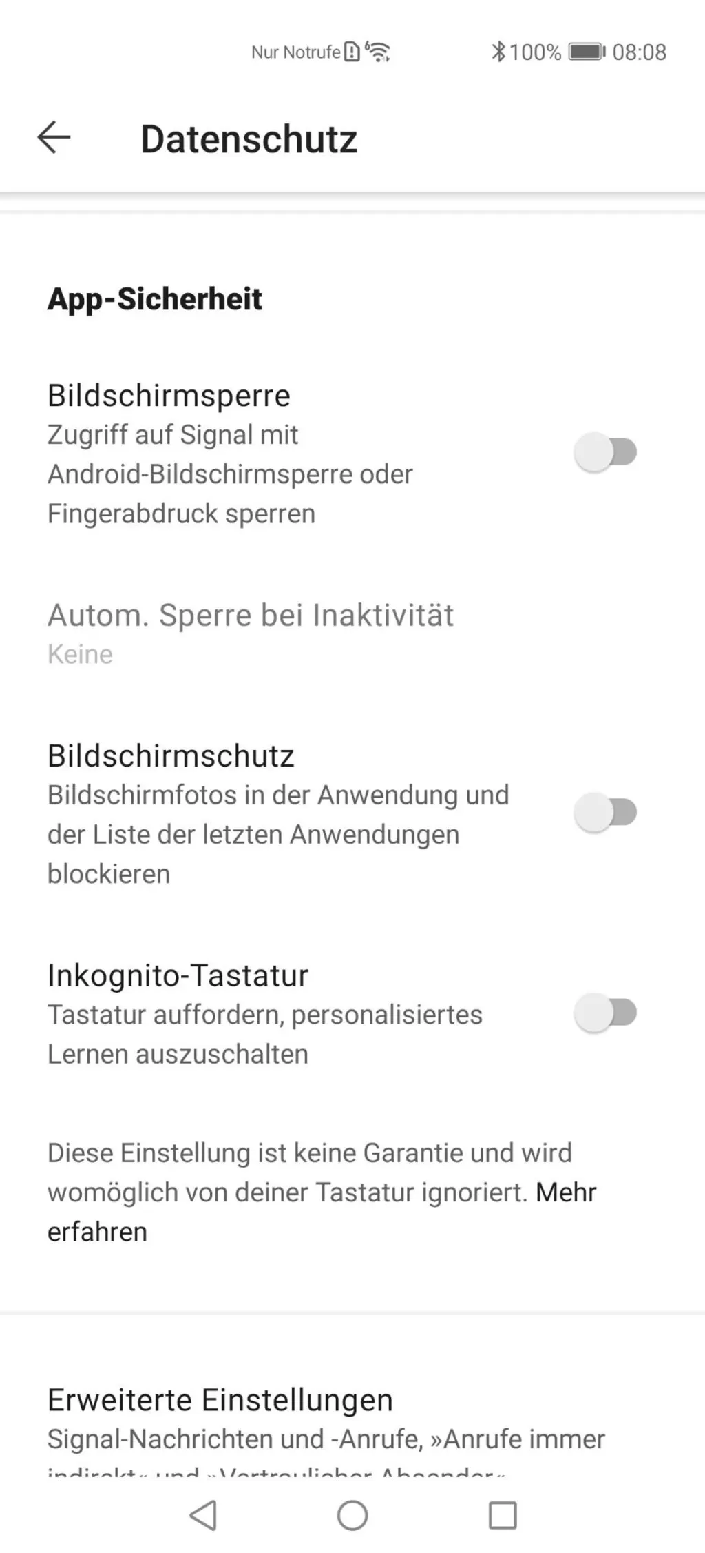 Screenshot Bildschirmschutz-Einstellungen