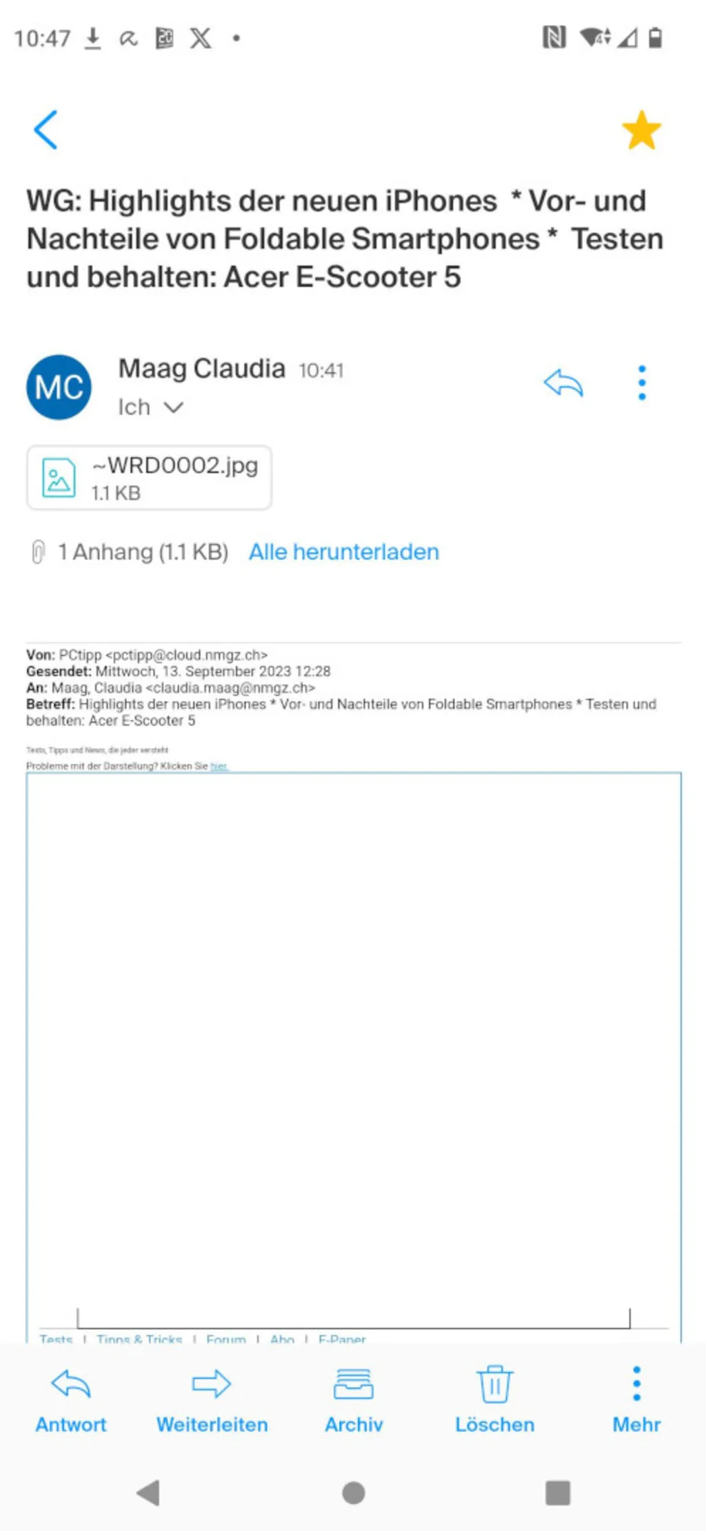 Eine empfangene Mail ist in der App geöffnet