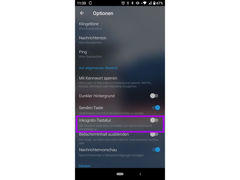 Screenshot Wire Inkognito-Tastatur