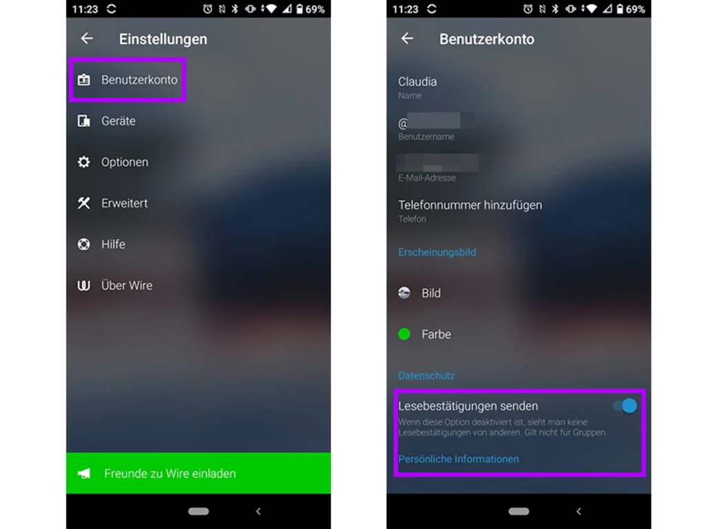 Screenshots Kontoeinstellungen/Lesebestätigungen