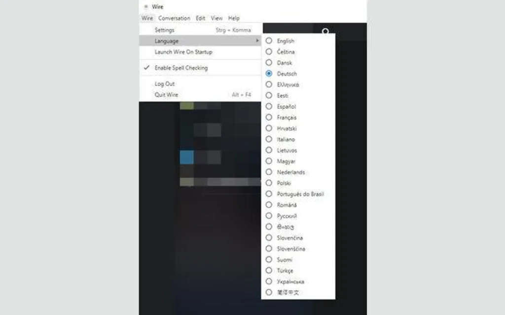 Wire Sprachauswahlmenü
