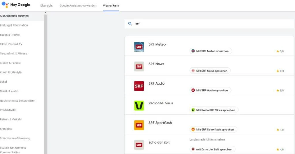 Auswahl an Google Assistant Actions