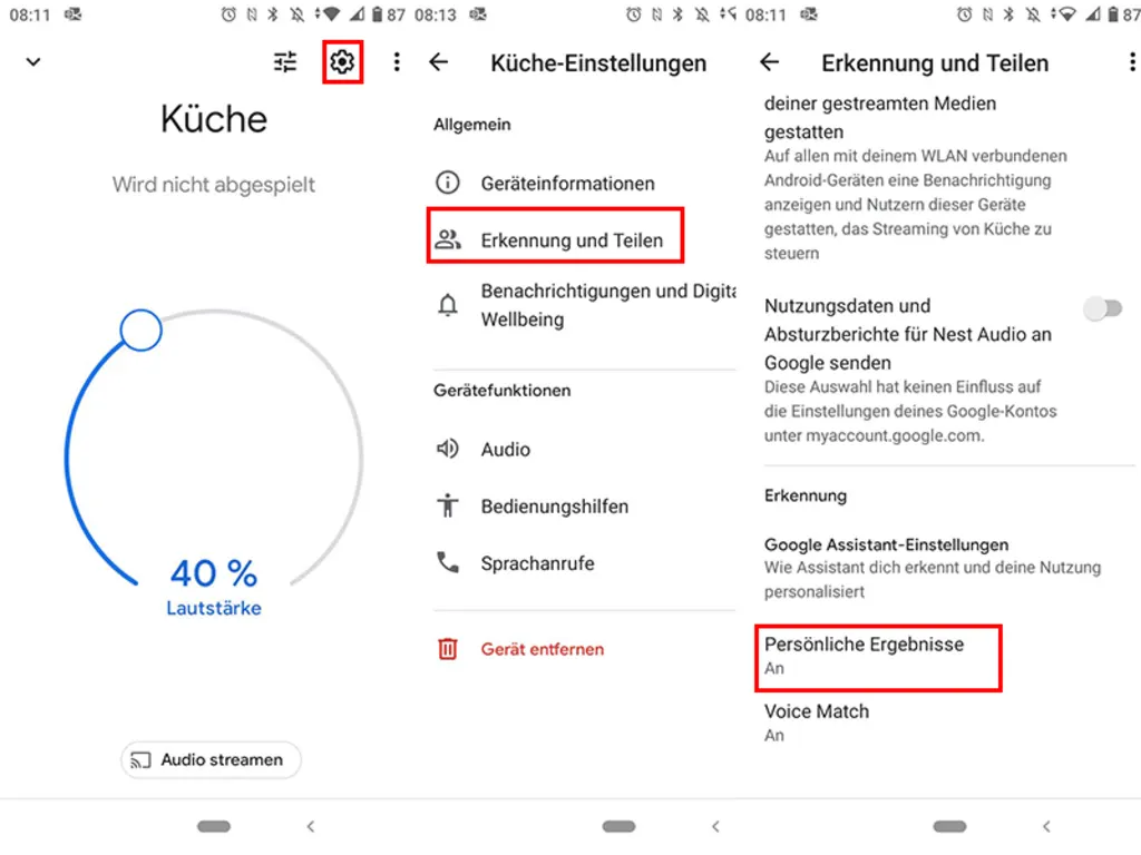 Screenshots zeigen Einrichtung von Assistant Routines