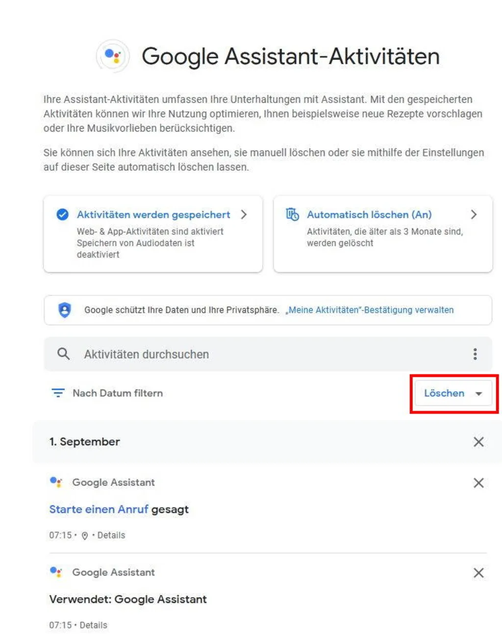 Die Löschen-Möglichkeit in den Einstellungen
