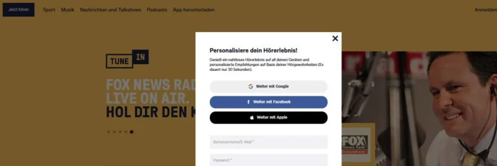Screenshot Tune-In-Webseite