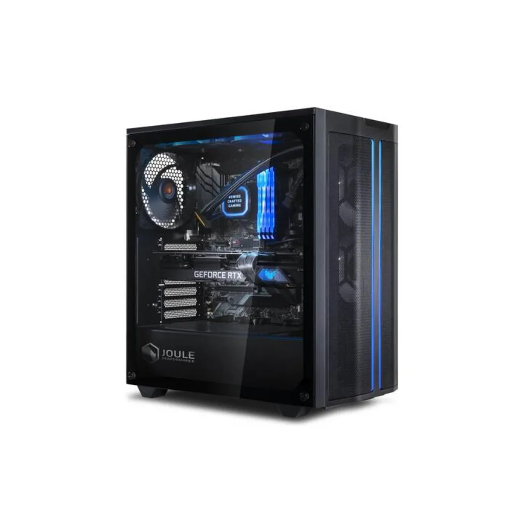 Dieser JP eSports hat ein schwarzes Gehäuse mit transparenter Seitenwand und blauer Zier-Beleuchtung