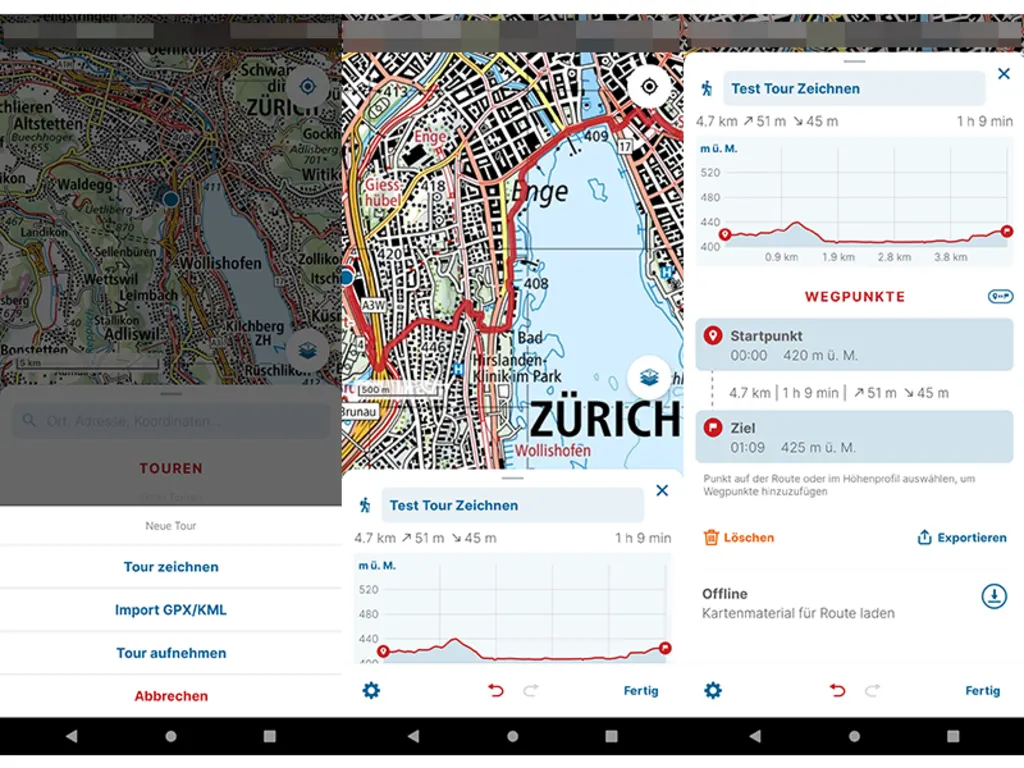 Eingezeichnete Route in der Swisstopo-Smartphone-App