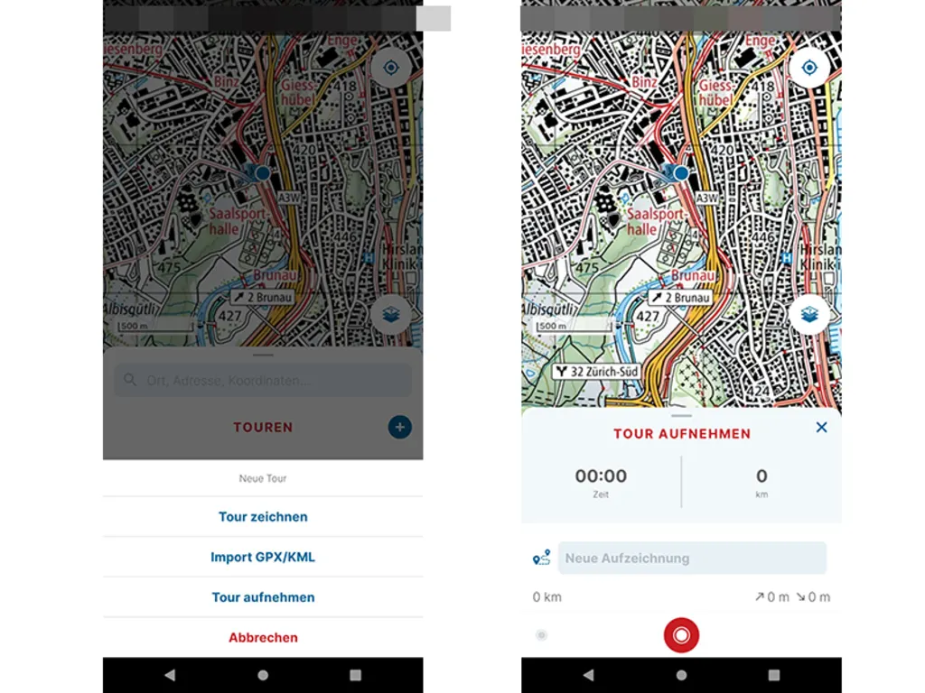 Funktion zur Aufnahme einer Tour in der Swisstopo-Smartphone-App