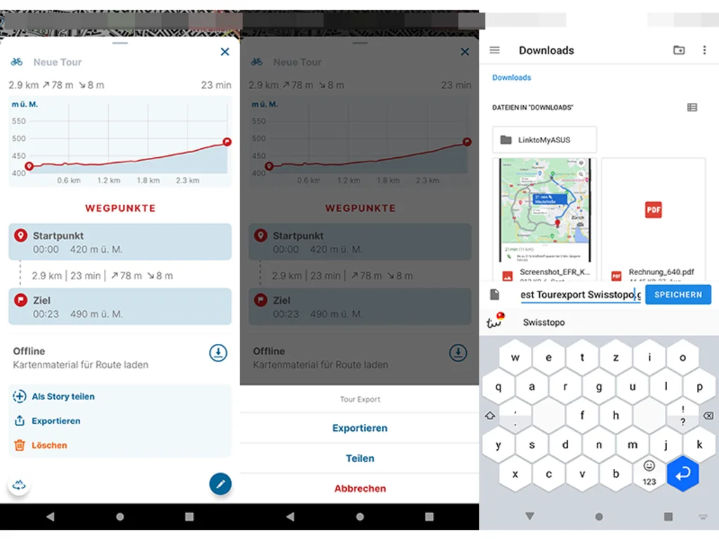 Die Funktion zum Export als GPX-Datei in der Swisstopo-Smartphone-App