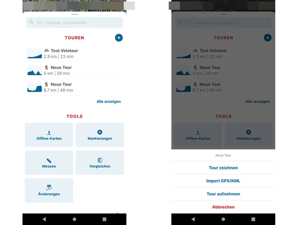 Die Import-Funktion von GPX-Dateien in der Swisstopo-App
