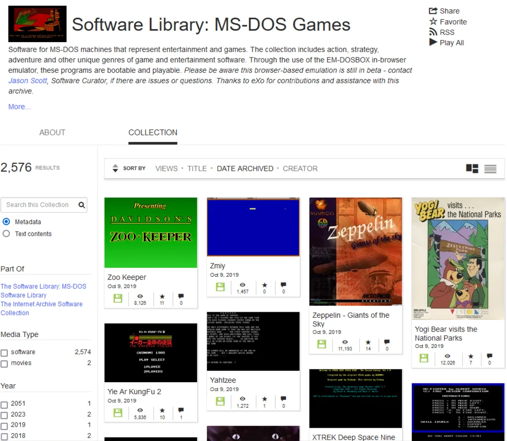 Auswahl alter MS-DOS-Spiele auf Archive.org