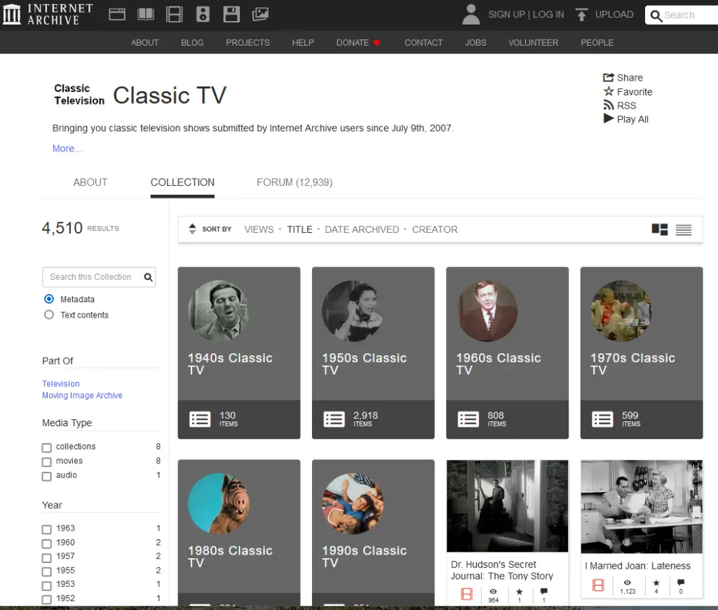 Screenshot mit der TV-Serien-Auswahl aus verschiedenen Jahrzehnten