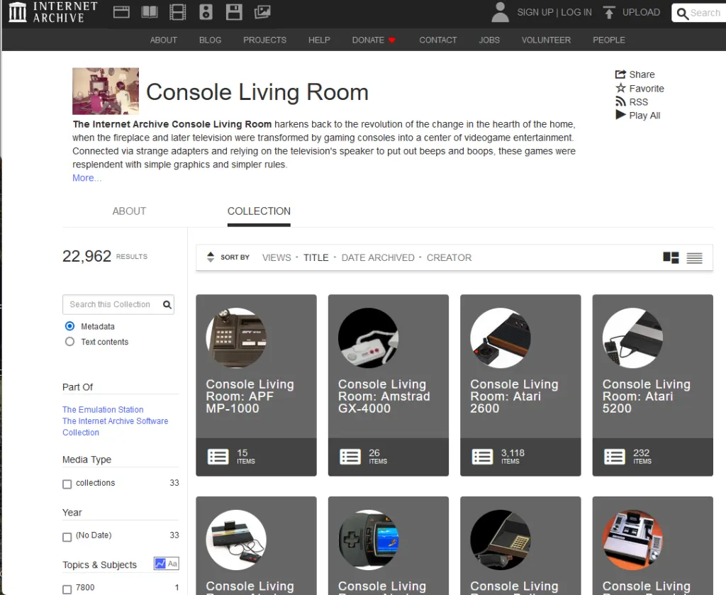 Auswahl von Spielkonsolen auf Archive.org