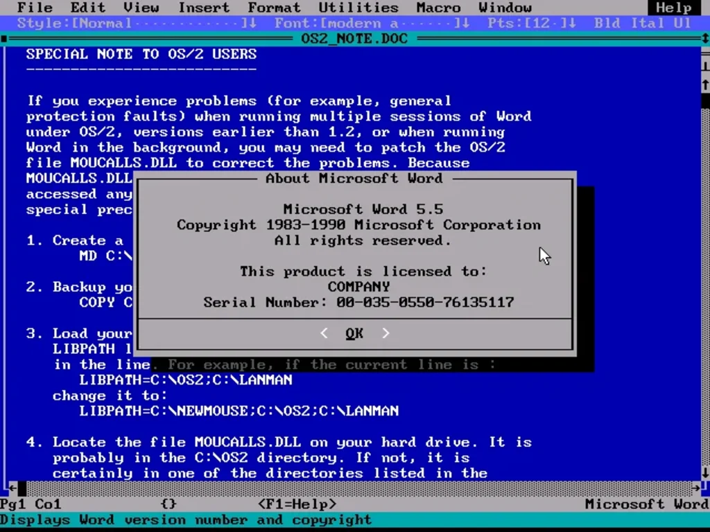 Microsoft Word 5.0 About Dialog (1989)