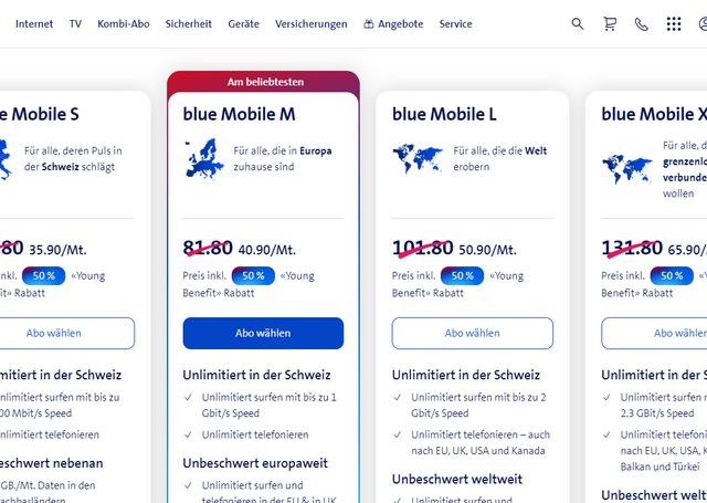 Preisübersicht mit Sparpotenzial von Young Benefit von Swisscom