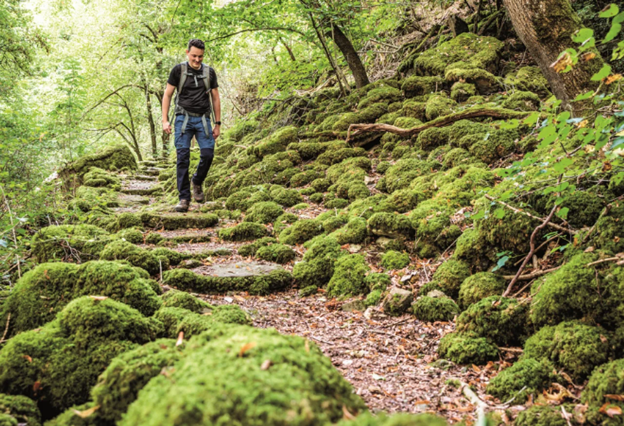 Mann geht auf einem stufigen Wanderweg nach unten