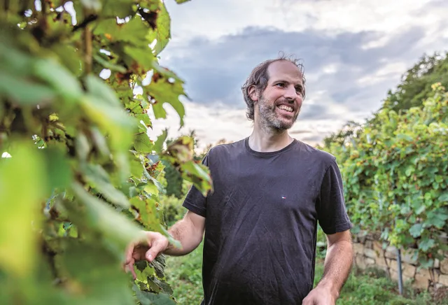 Lachender Winzer in seinem Weinanbaugebiet