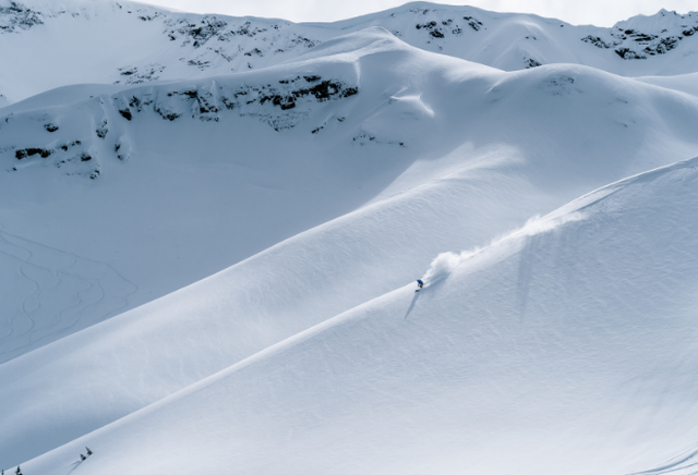 Skifahrer auf einer Ridge im Powder