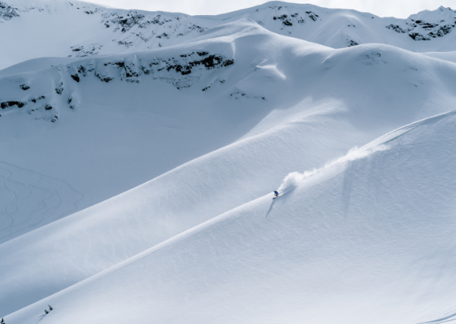 Skifahrer auf einer Ridge im Powder