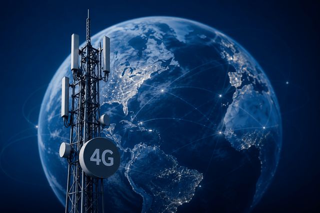 4G-Mast vor Weltkugel