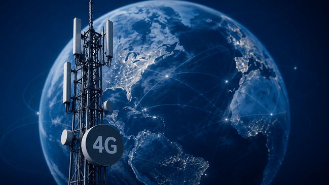 4G-Mast vor Weltkugel