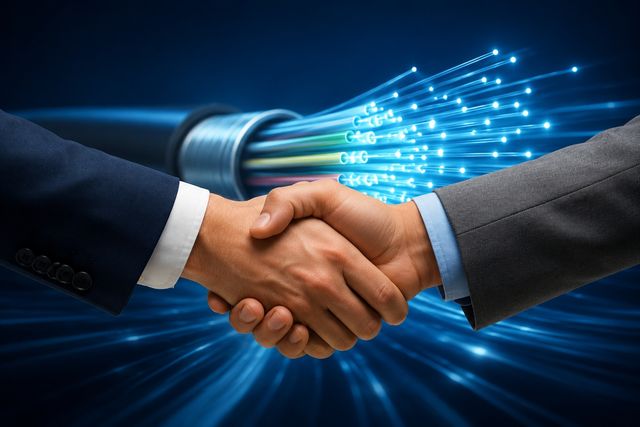 Handschlag vor Glasfaser