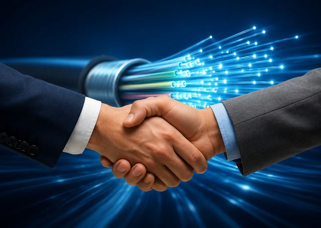 Handschlag vor Glasfaser