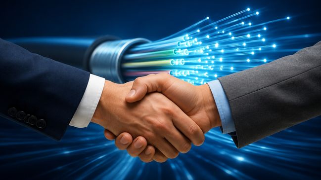 Handschlag vor Glasfaser