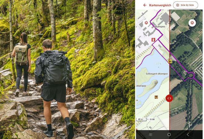 Wanderer auf Wanderweg mit Screenshot aus der App