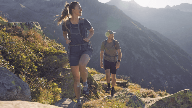 Mehrere Wanderer gehen bergauf in einem lichten, sandigen Kiefernwald