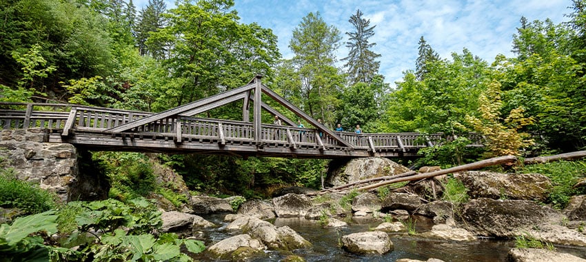Große Brücke in steinigen Bachbett im Höllental.