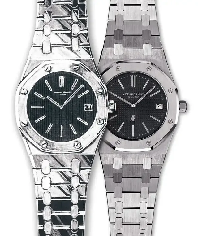 Der Entwurf der Royal Oak von Gérald Genta (links) und das erste Uhrenmodell von 1972