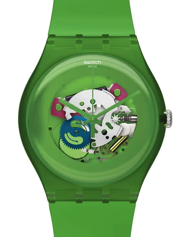 Bunte Plastikuhr mit freigelegtem Werk