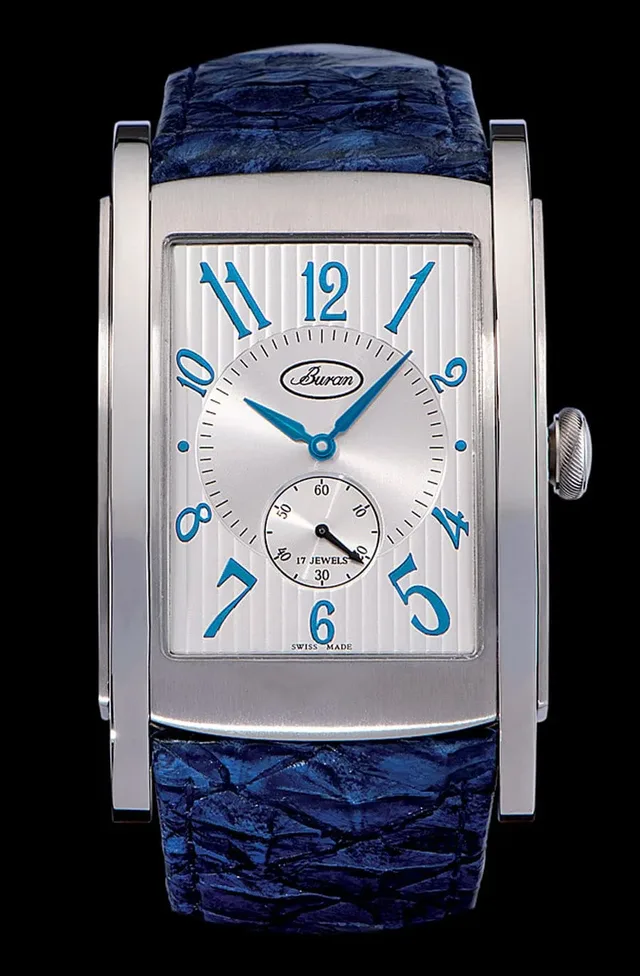 Eckig in Blau: das Uhrenmodell Golf von Buran
