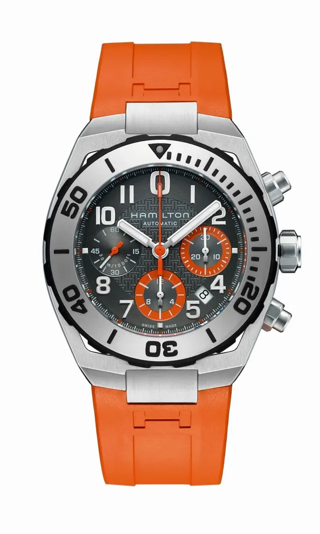 Hamilton: Khaki Navy Sub Auto Chrono mit orangefarbenem Kautschukband