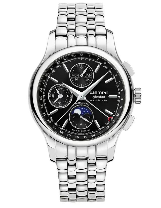 Wempe: Zeitmeister Chronograph Vollkalender Mondphase, schwarzes Zifferblatt, Edelstahlband
