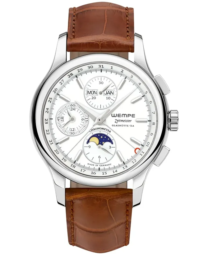 Wempe: Zeitmeister Chronograph Vollkalender Mondphase, versilbertes Zifferblatt, Lederband