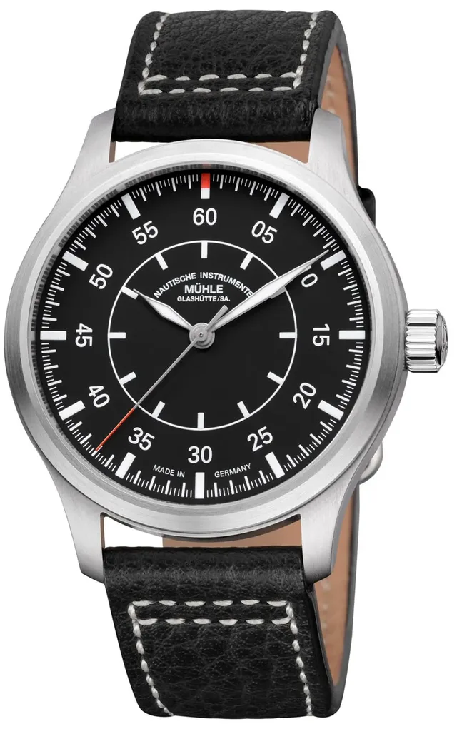 Mühle-Glashütte: Terrasport I Beobachter mit schwarzem Zifferblatt und Büffellederband