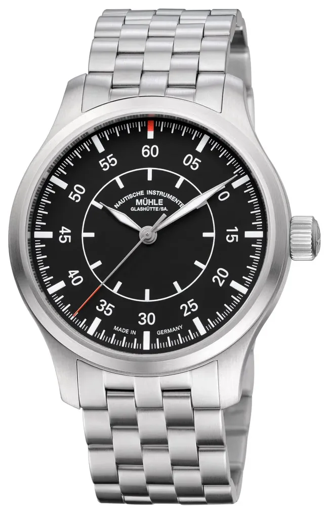 Mühle-Glashütte: Terrasport I Beobachter mit Edelstahlband und schwarzem Zifferblatt