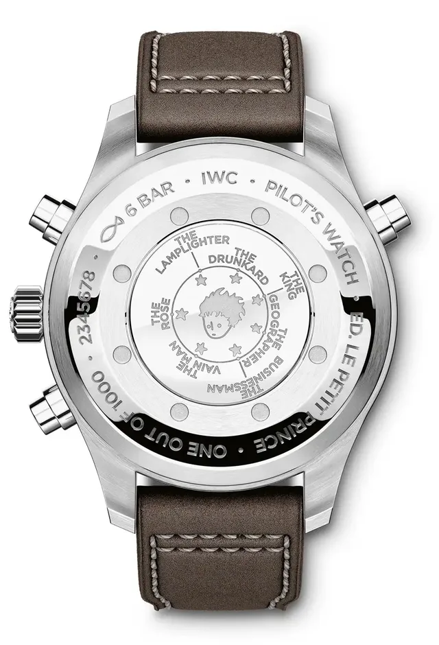 Den Gehäuseboden der Fliegeruhr Doppelchronograph Edition "Le Petit Prince" von IWC ziert eine Gravur