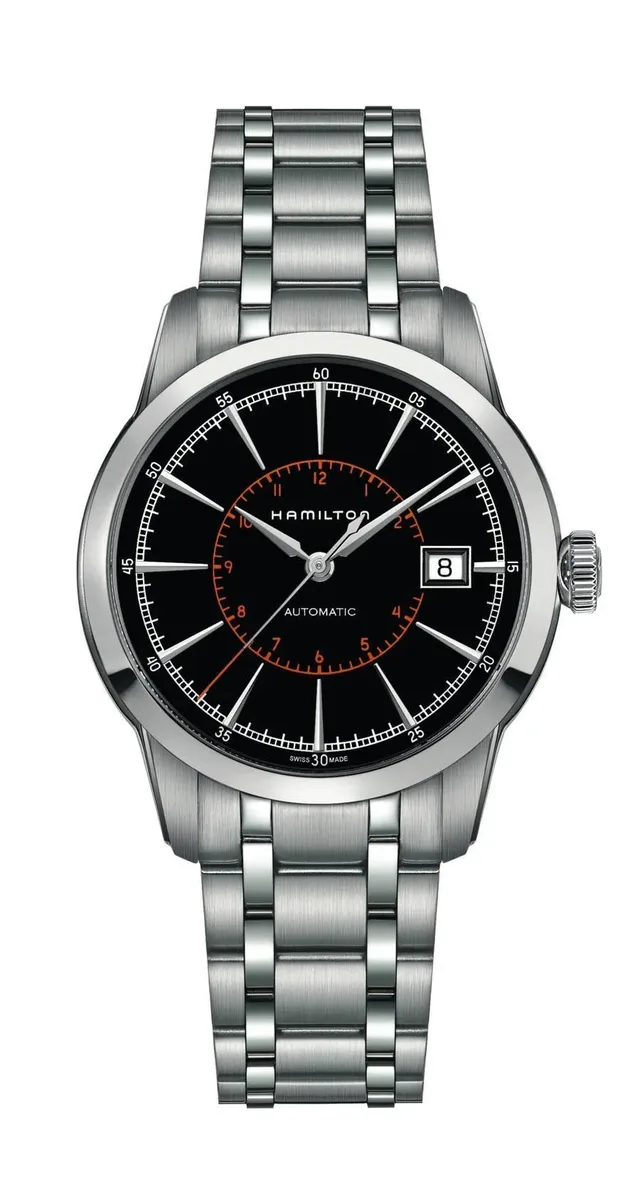 Die Hamilton RailRoad Gents Auto mit schwarzem Zifferblatt und Edelstahlband