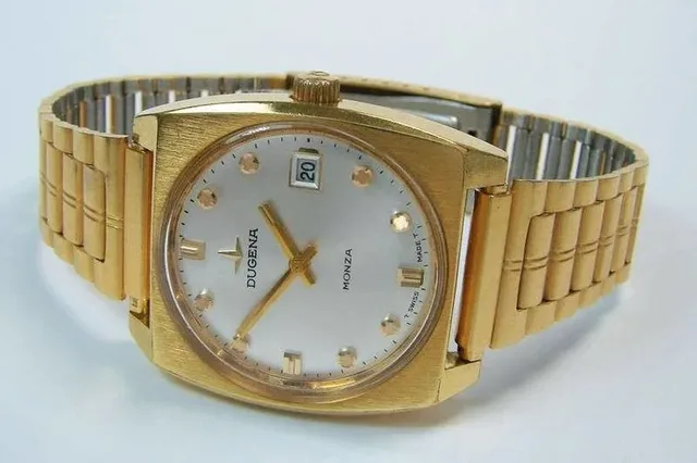 Vintage-Uhren-Sammler schätzen das charakteristische Gehäuse der Dugena Monza