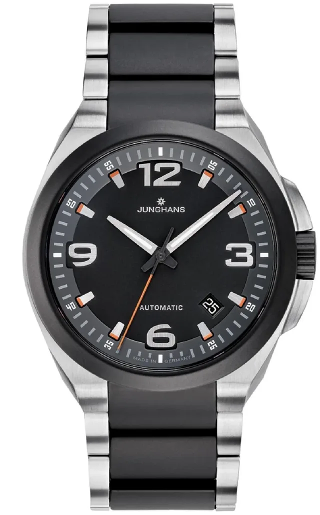 Junghans: Spektrum Automatic, orangener Sekundenzeiger, Edelstahlband mit Kautschukmittelteil