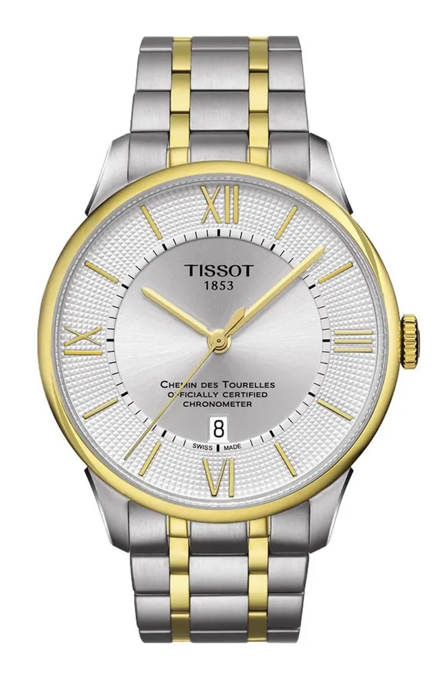 Tissot: Chemin des Tourelles Powermatic 80 Gent COSC, Bicolor-Variante mit gelbgoldfarbener PVD-Beschichtung, Edelstahlband