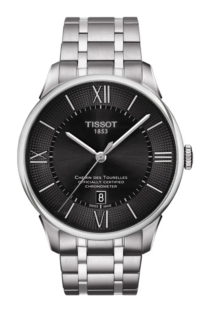 Tissot: Chemin des Tourelles Powermatic 80 Gent COSC, Edelstahlband, schwarzes Zifferblatt